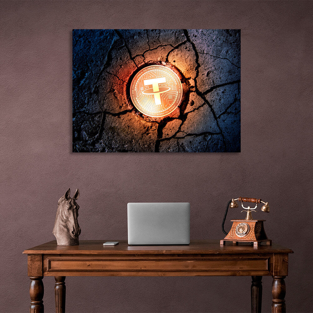 Tether USDT Goldmünze auf dem Boden Inspirierender Leinwand-Kunstdruck
