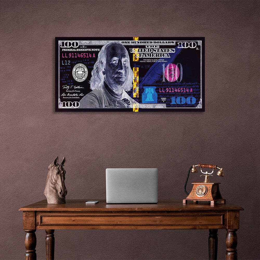 100 Dollar schwarz, weiß und blau Inversion inspirierende Leinwand Wand Kunstdruck