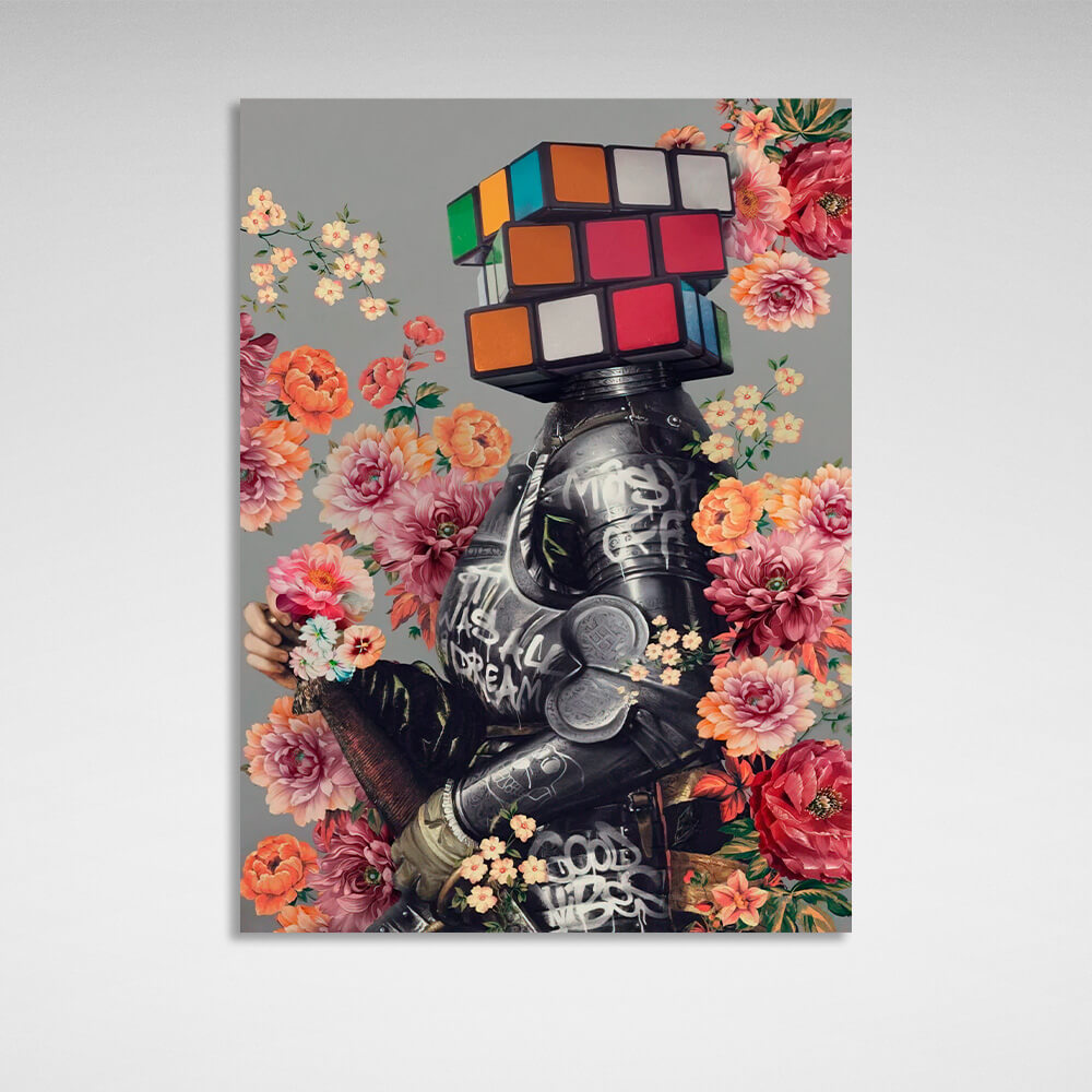 Knight in colors head Rubik's cube head graffiti right Canvas Wall Art Print