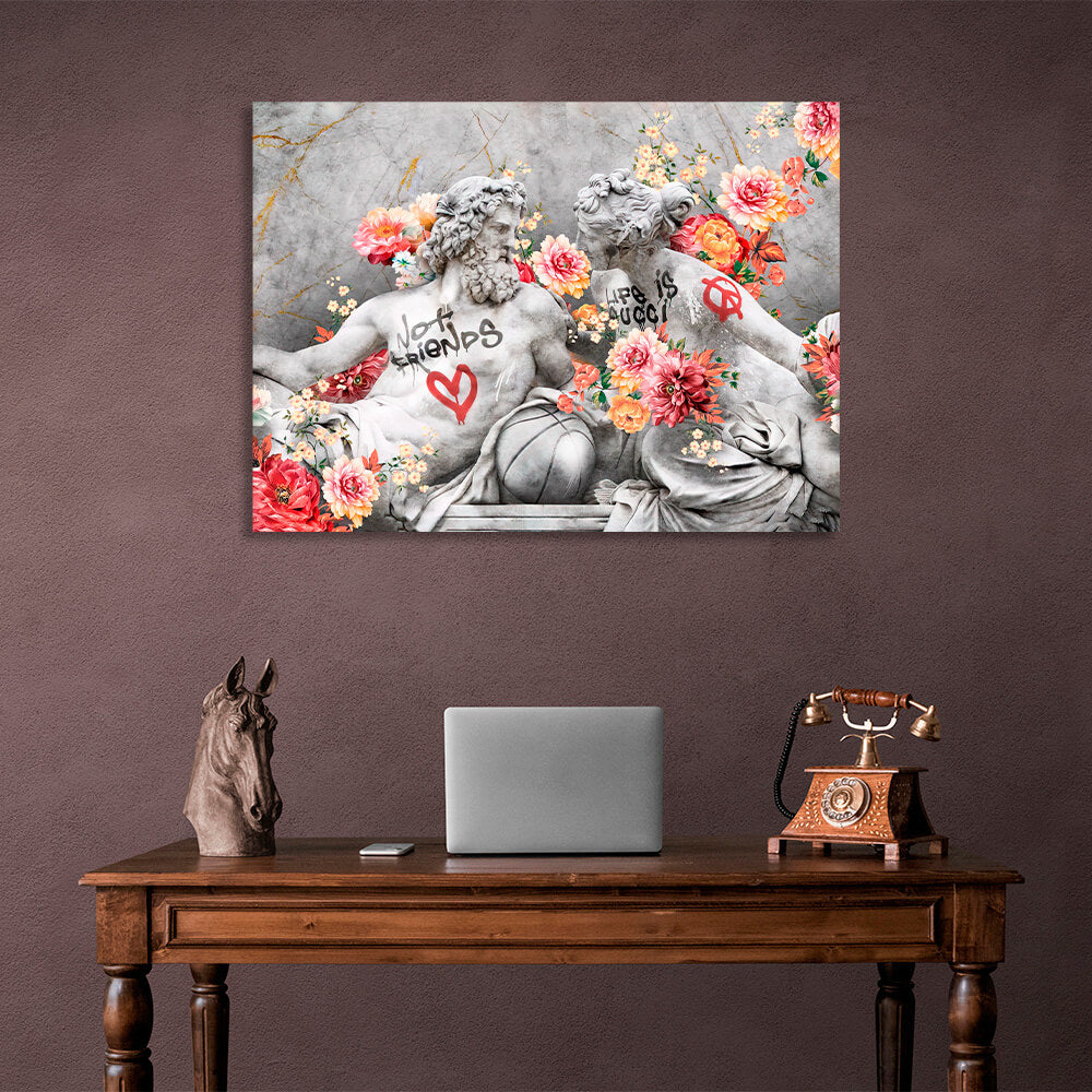 Leinwandbild mit Statuen von Zeus und Venus in Blumen