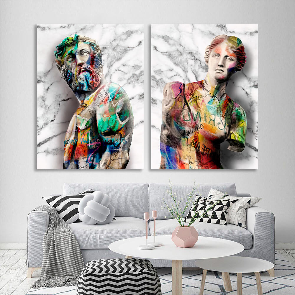 Modulares 2-teiliges Diptychon mit Statuen von Zeus und Werner Graffiti, mehrteiliger Kunstdruck auf Leinwand