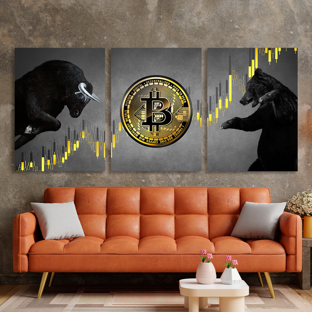 Modularer 3-teiliger Bitcoin-Bulle und -Bär auf grauem Hintergrund, mehrteiliger Kunstdruck auf Leinwand