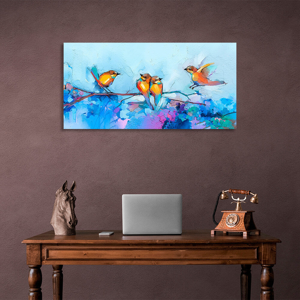 4 birds on blue background imitation oil painting canvas Wall Art Print