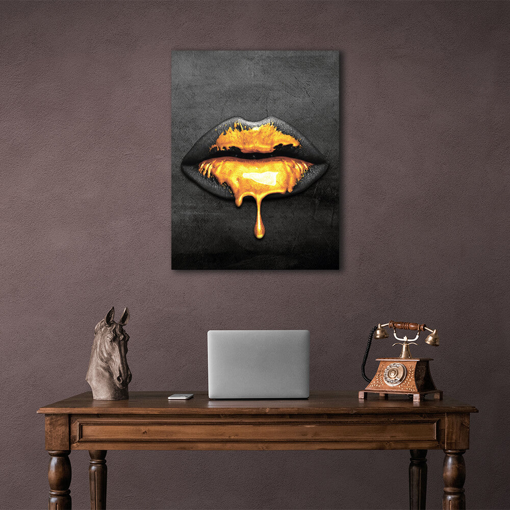 Lippen aus Gold Leinwand Wand Kunstdruck