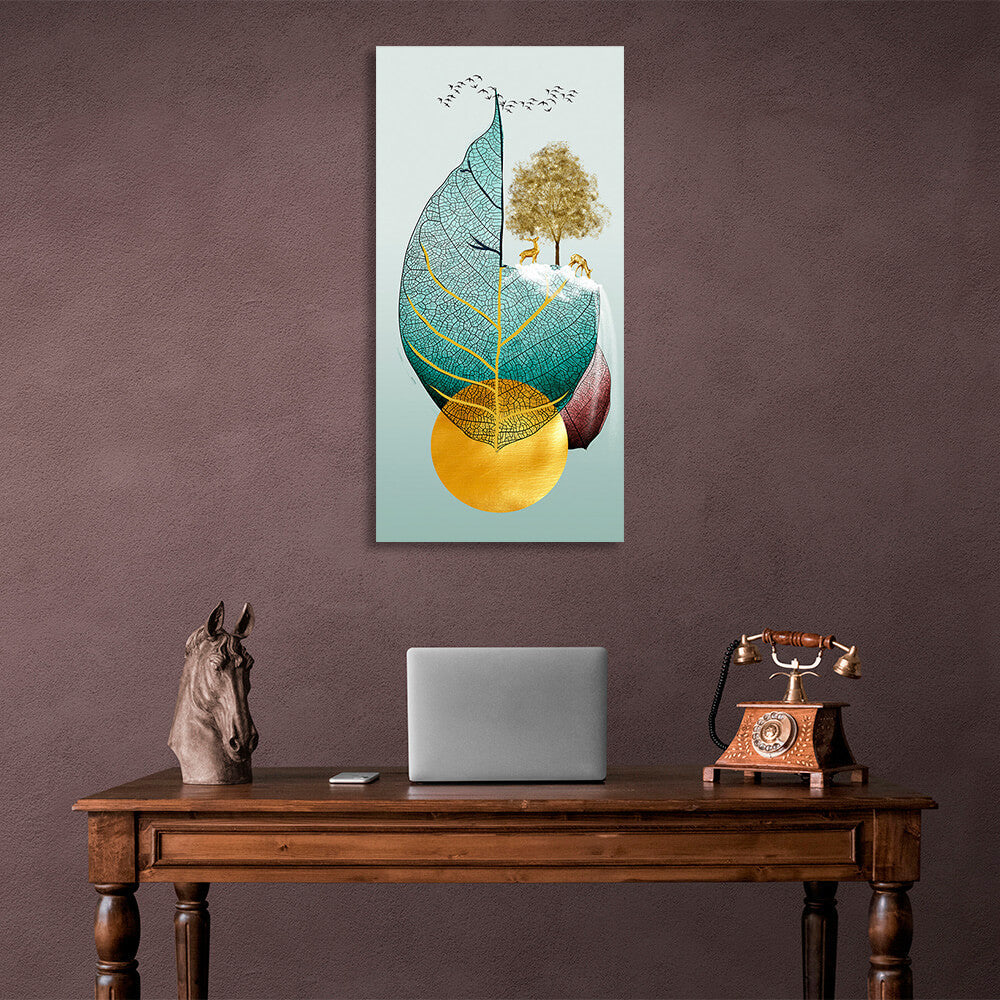 Leaf two deer tree and birds Abstraction Canvas Wall Art Print