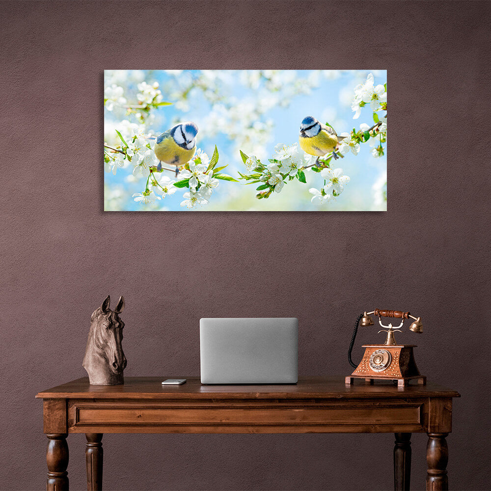 2 Spring Birds On Branches With White Flowers Canvas Wall Art Print