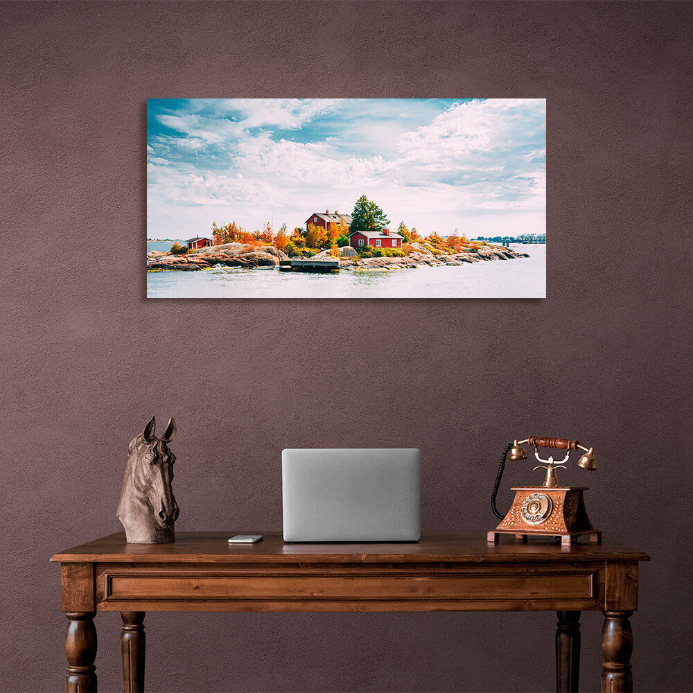 Kunstdruck auf Leinwand, Motiv „Drei kleine Häuser auf einer Klippe im Meer“