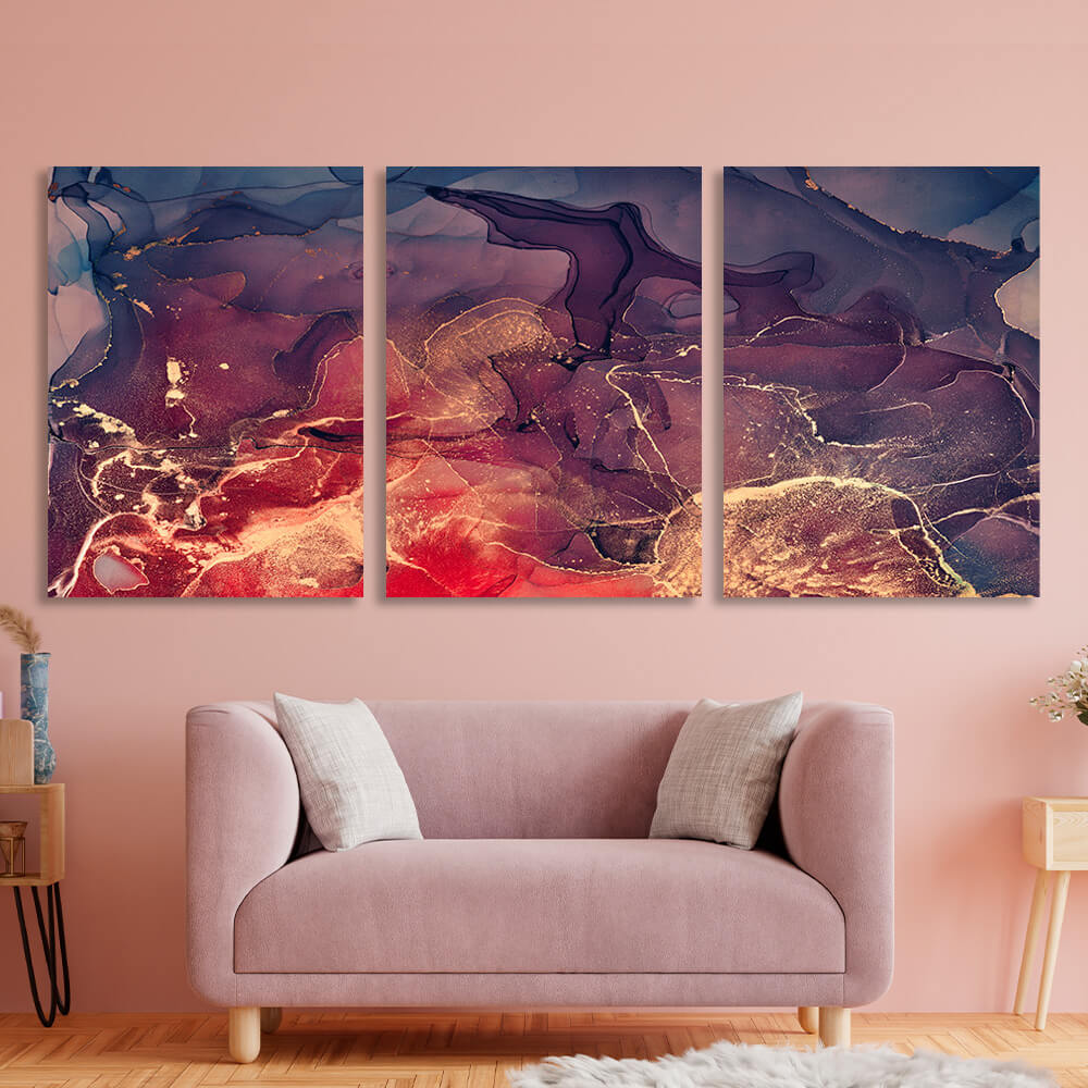 Modularer abstrakter Kunstdruck auf Leinwand, mehrteilig, Violett und Rot