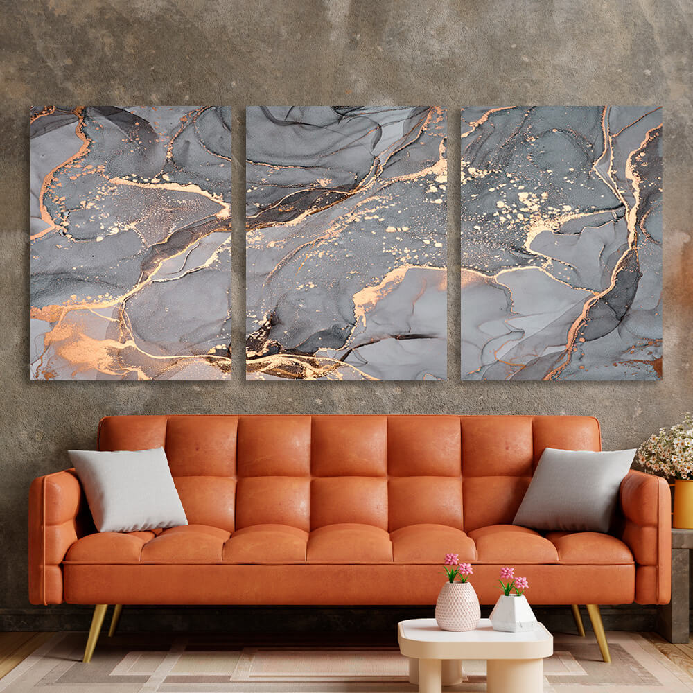 Modularer abstrakter Kunstdruck auf Leinwand, mehrere Teile, grau-gold