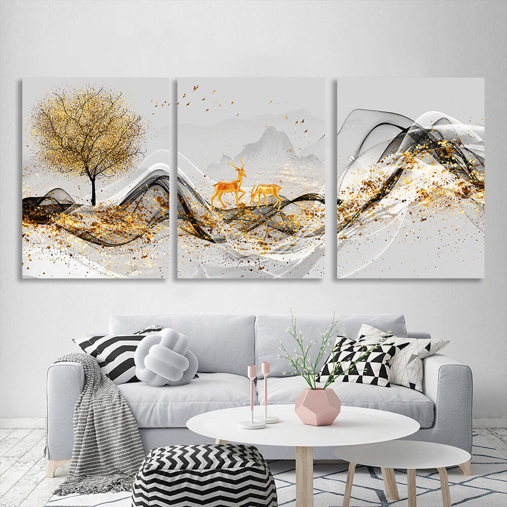 Modularer Kunstdruck auf Leinwand, Motiv: goldener Hirsch auf grauem Hintergrund, mehrere Teile
