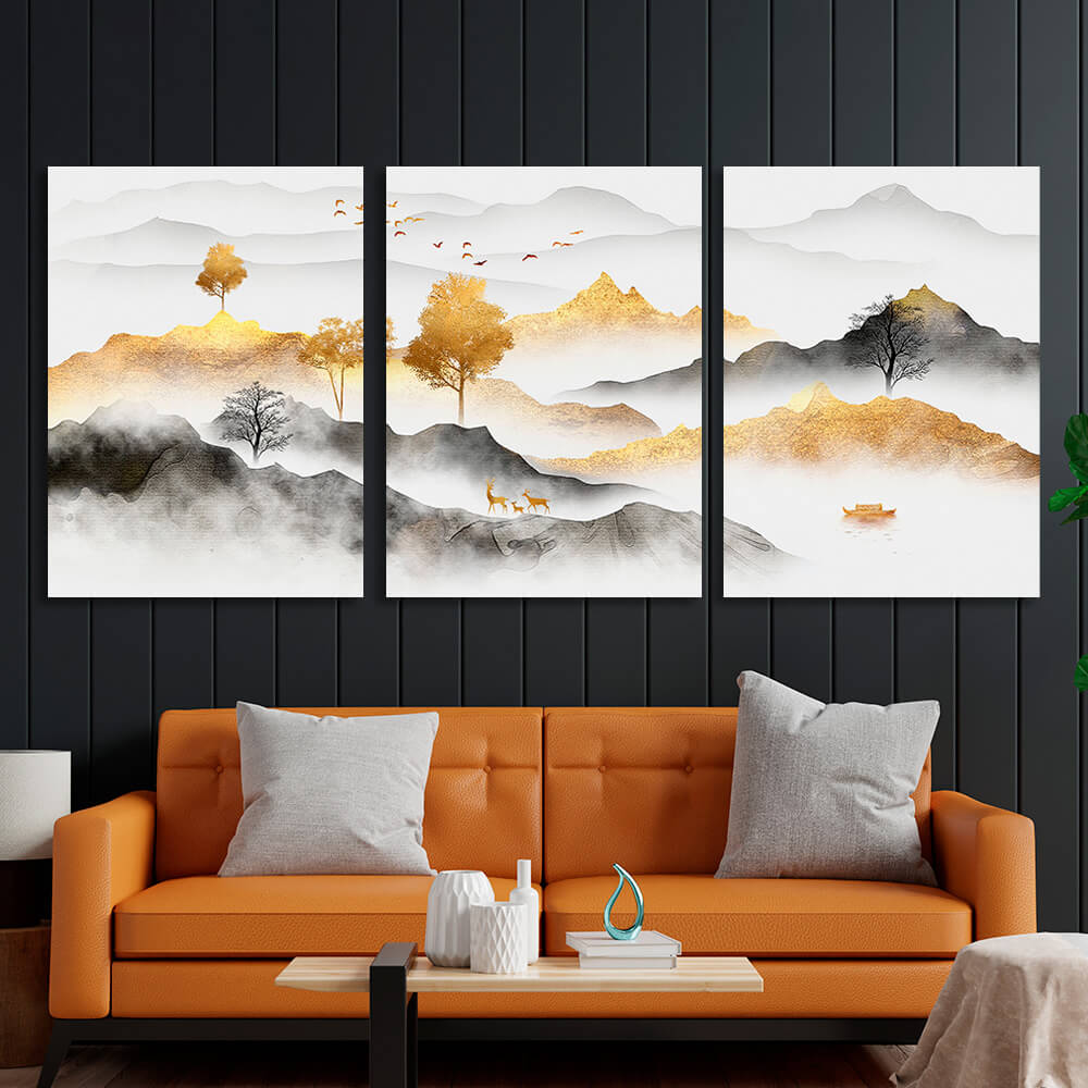 Modularer mehrteiliger Kunstdruck auf Leinwand mit grau-goldenen Bergen