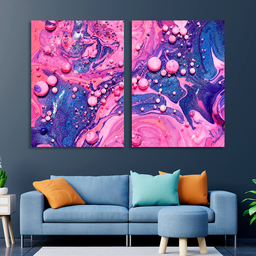 Modularer abstrakter Kunstdruck auf Leinwand, mehrteilig, Rosa und Blau