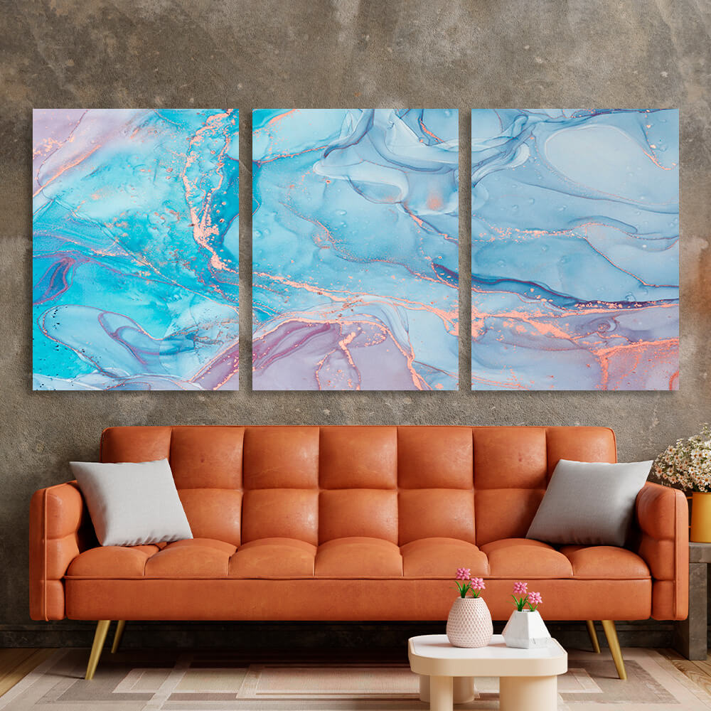 Modularer, abstrakter, puderblauer Kunstdruck auf Leinwand, mehrere Teile