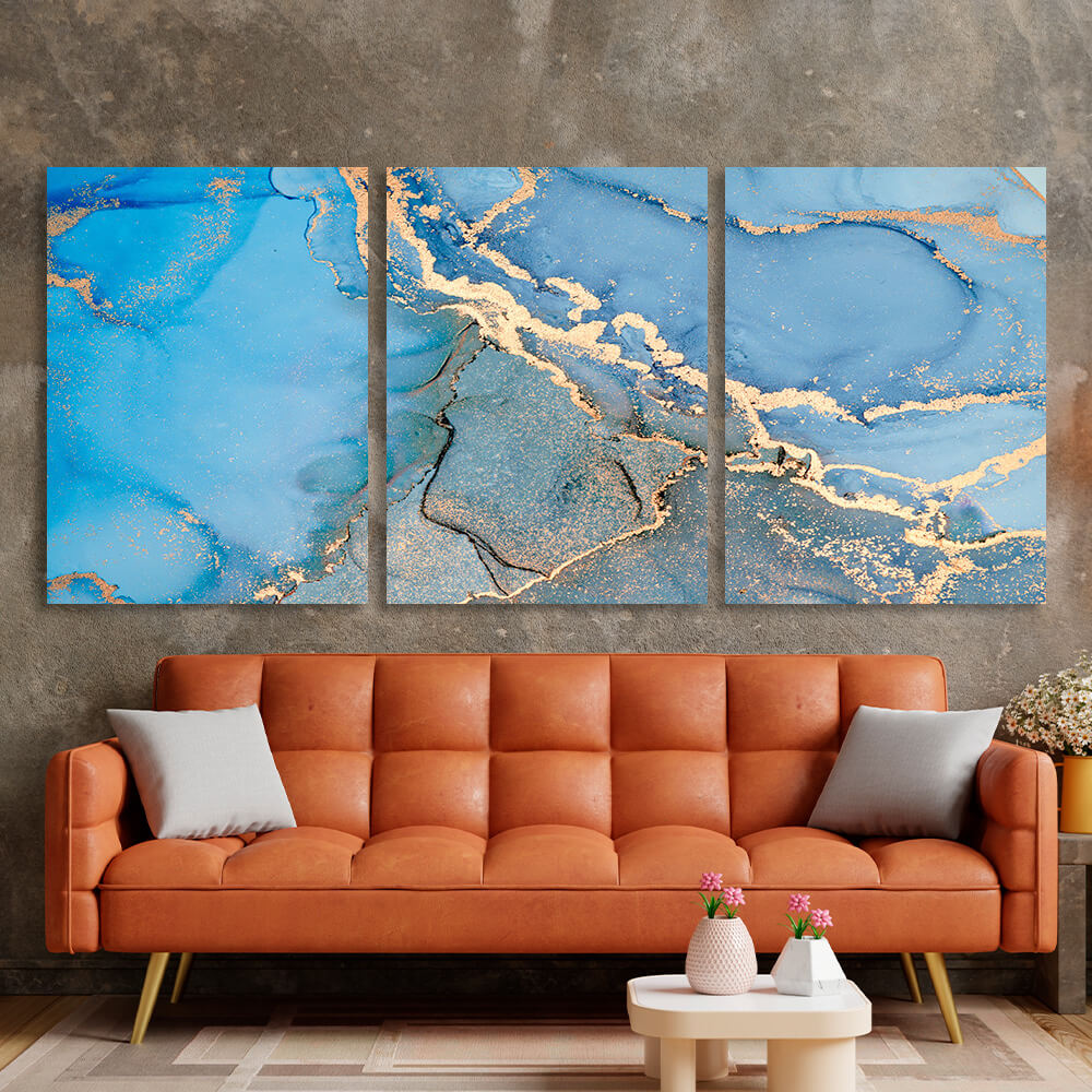 Modularer abstrakter mehrteiliger Kunstdruck auf Leinwand in Blau und Gold