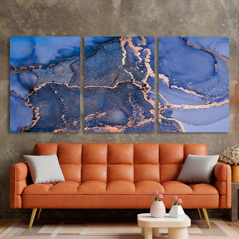 Modularer abstrakter mehrteiliger Kunstdruck auf Leinwand in Blau und Gold