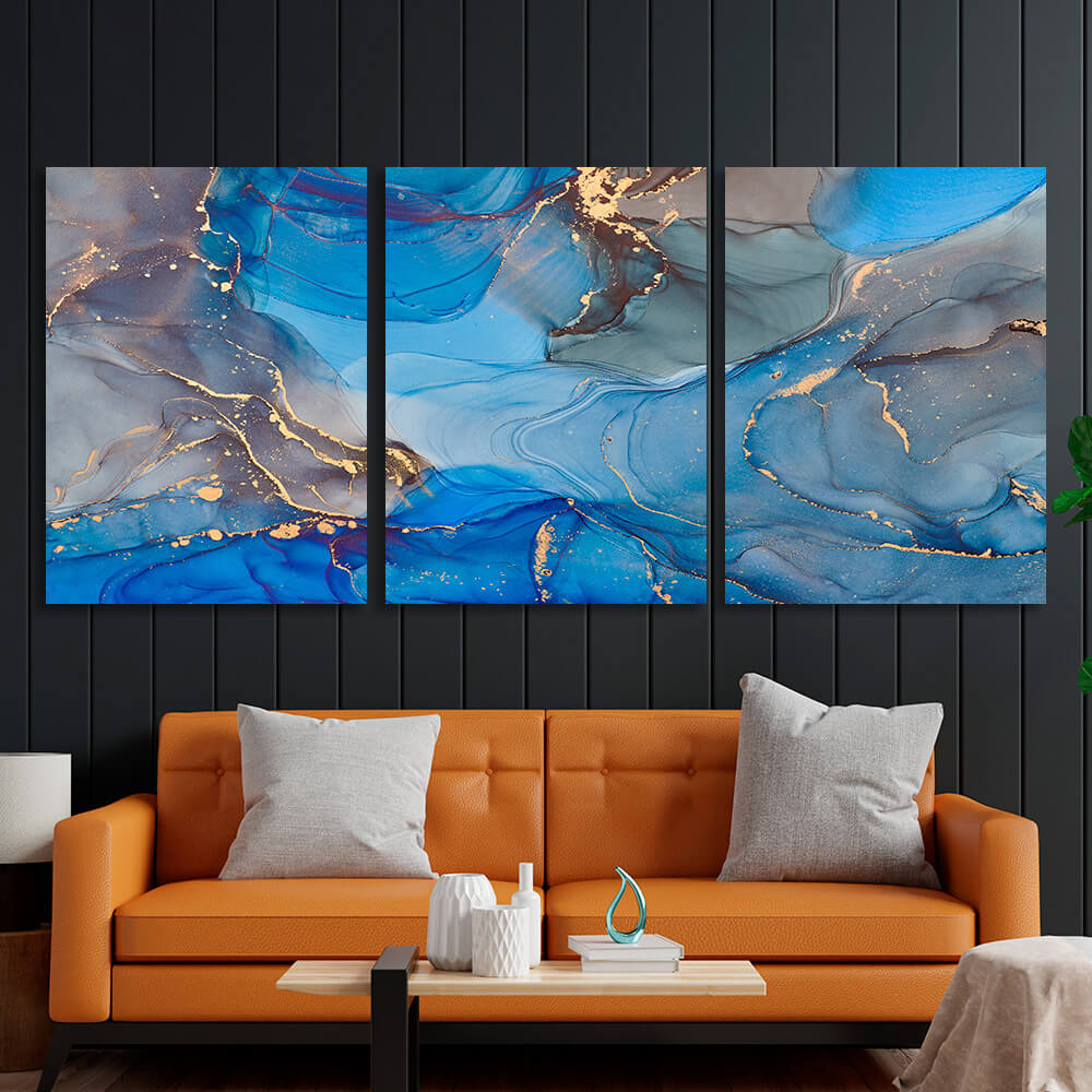 Modularer, abstrakter, graublauer Kunstdruck auf Leinwand, mehrere Teile