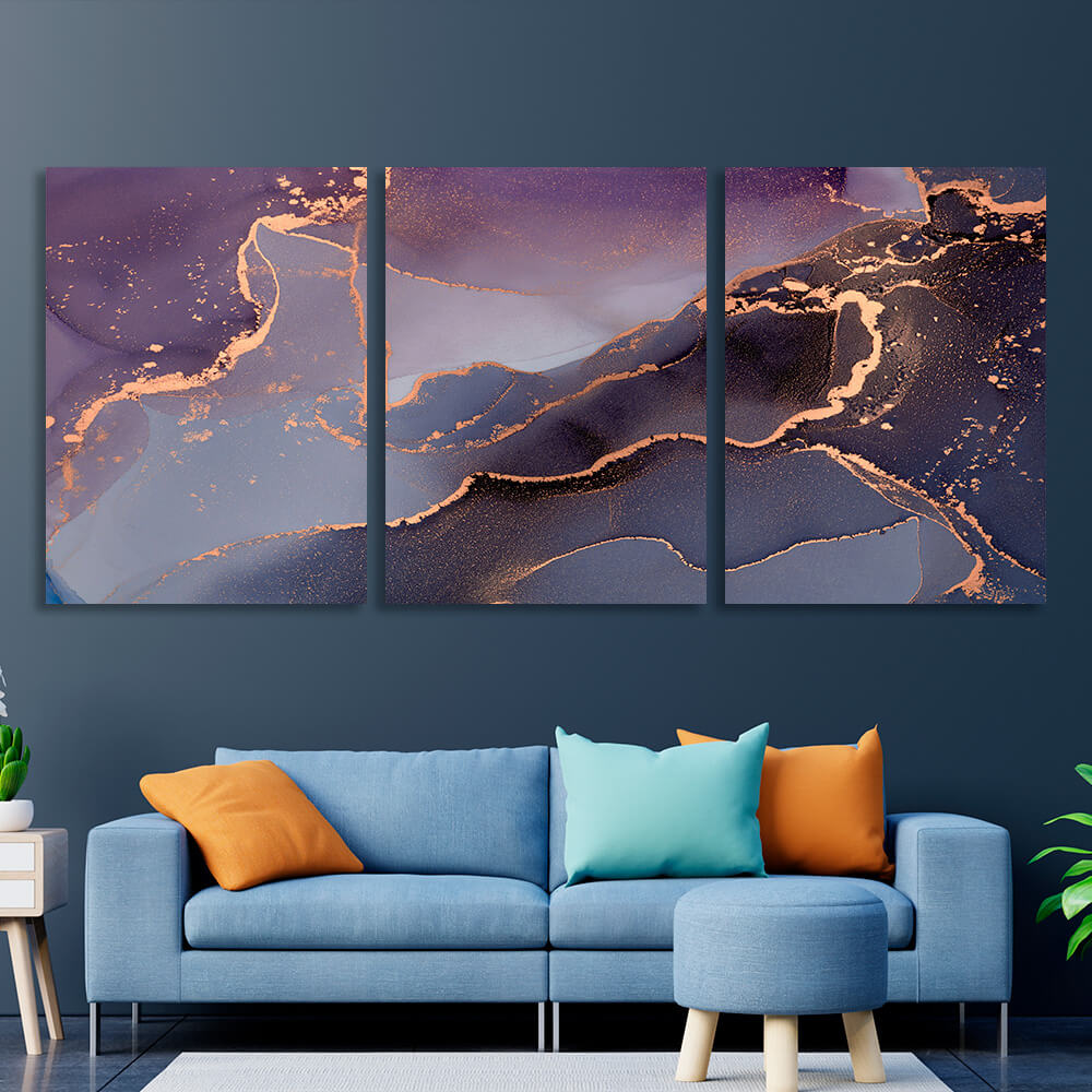 Modularer abstrakter Kunstdruck auf Leinwand, mehrteilig, Flieder-Gold