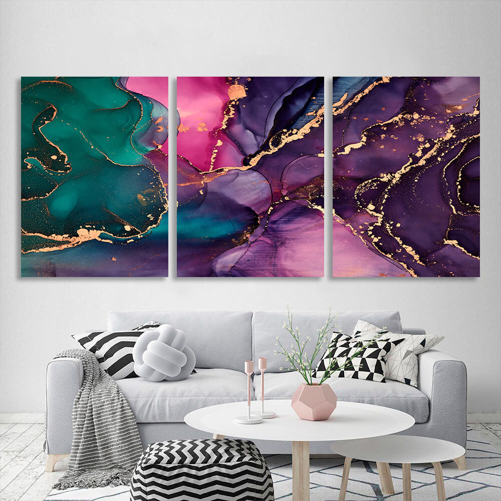 Modularer abstrakter Kunstdruck auf Leinwand, mehrteilig, Violett und Grün