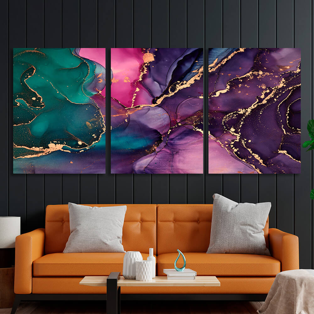 Modularer abstrakter Kunstdruck auf Leinwand, mehrteilig, Violett und Grün