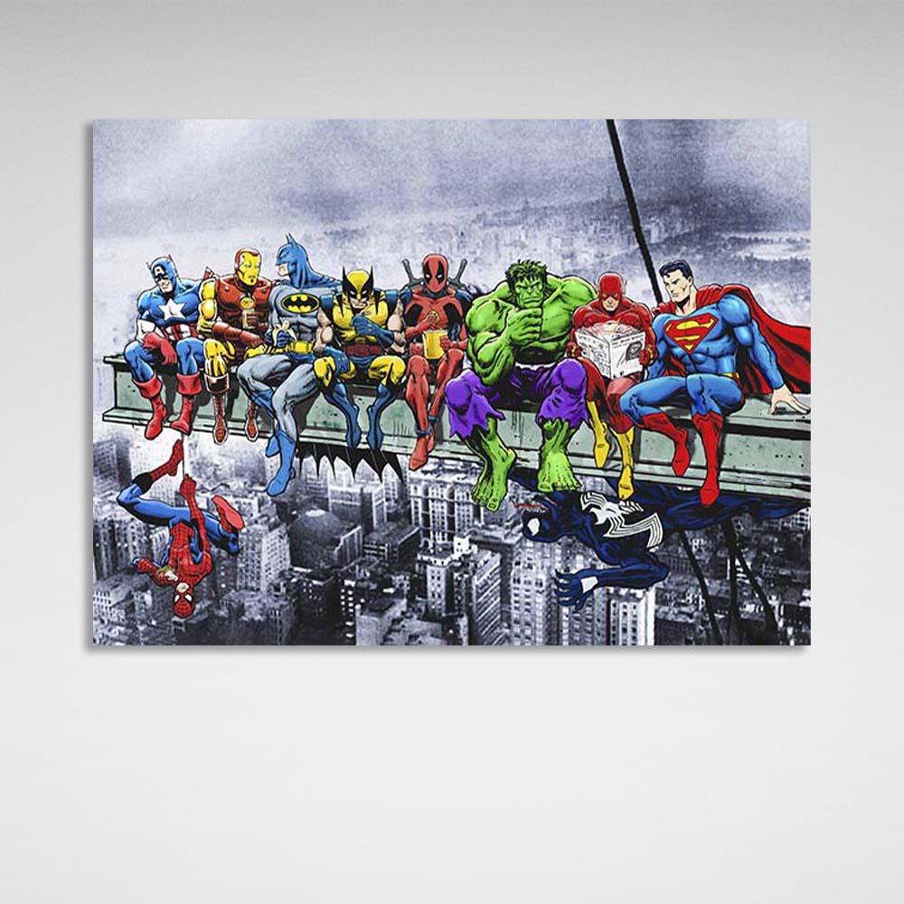 Leinwandbild „Marvel- und DC-Helden auf einem Wolkenkratzer“