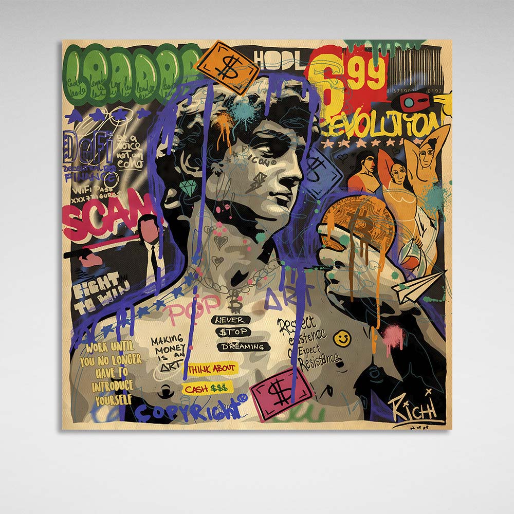 Pop-Art-Statue von David mit Bitcoin auf Leinwand, Wand-Kunstdruck