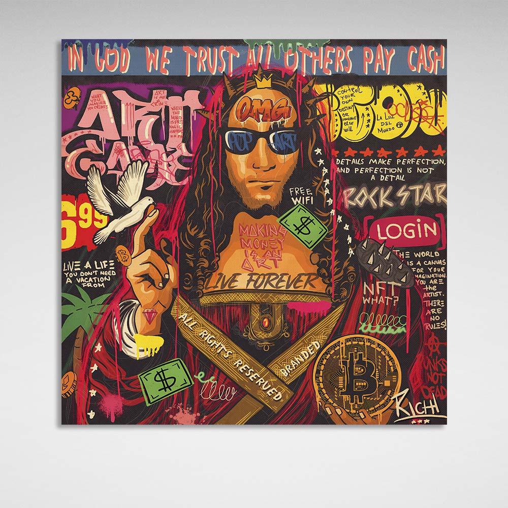 Pop-Art-Kunstdruck „Retter der Welt mit Bitcoin“ auf Leinwand