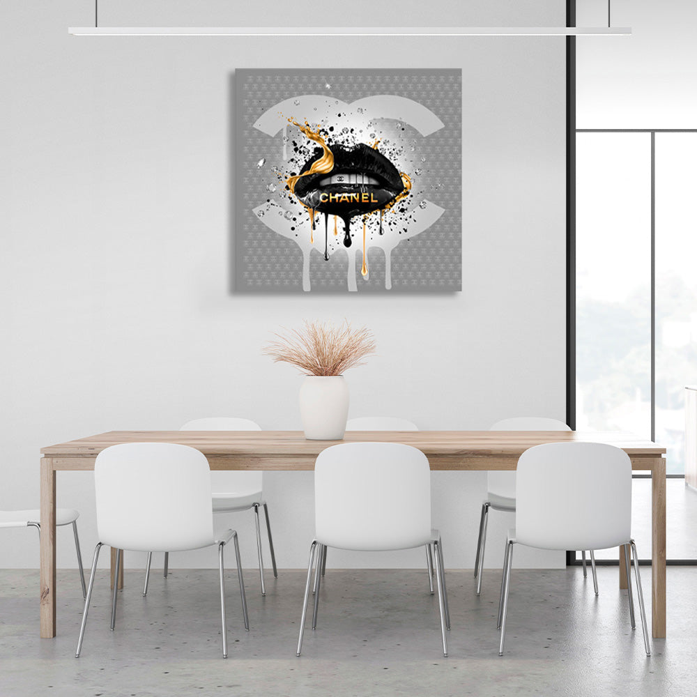 CHANEL black lips on a gray background Canvas Wall Art Print