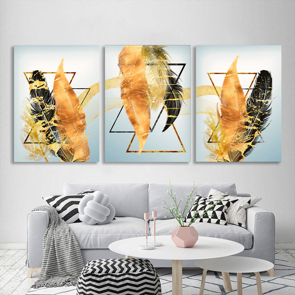 Modularer Kunstdruck auf Leinwand, mehrteilig, mit schwarzen und goldenen Federn