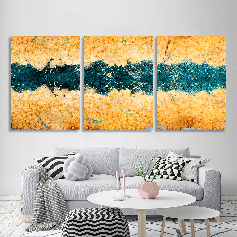 Modularer, goldener, abstrakter Kunstdruck mit dunkelgrünen Blumen, mehrere Teile auf Leinwand