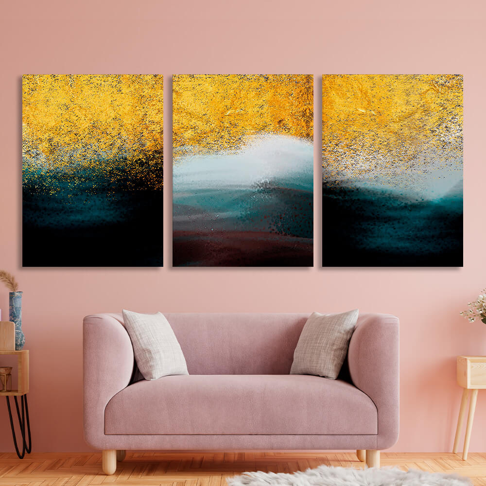 Modulares Wandbild aus drei Teilen in Gold, Weiß und dunklen Farben, mehrteilig, auf Leinwand