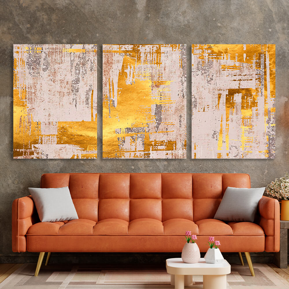 Modulare Abstraktion in Beige- und Goldtönen, mehrteiliger Kunstdruck auf Leinwand