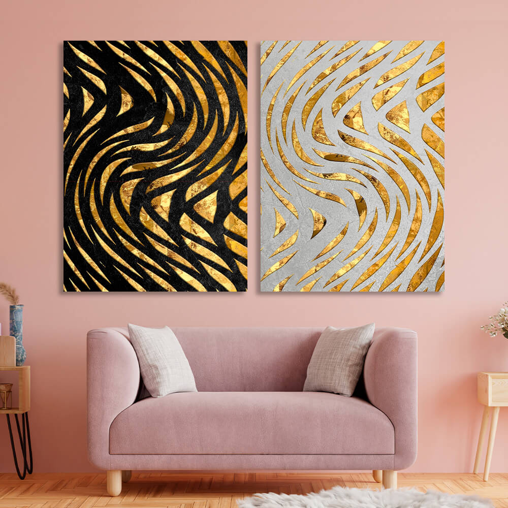 Modularer abstrakter goldener Linien auf weißem und schwarzem Hintergrund, mehrteiliger Leinwand-Kunstdruck