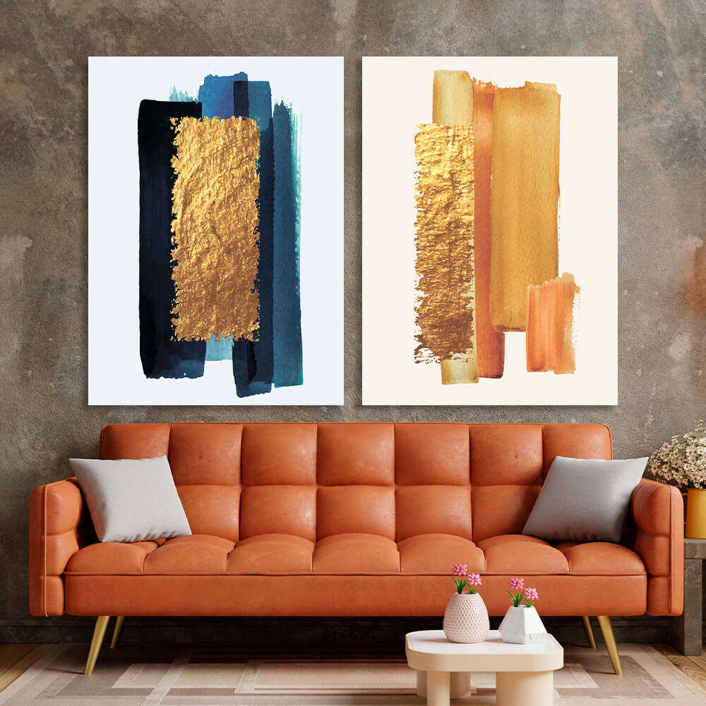 Modularer Kunstdruck auf Leinwand, mehrteilig, goldfarben und blau, auf weißem Hintergrund