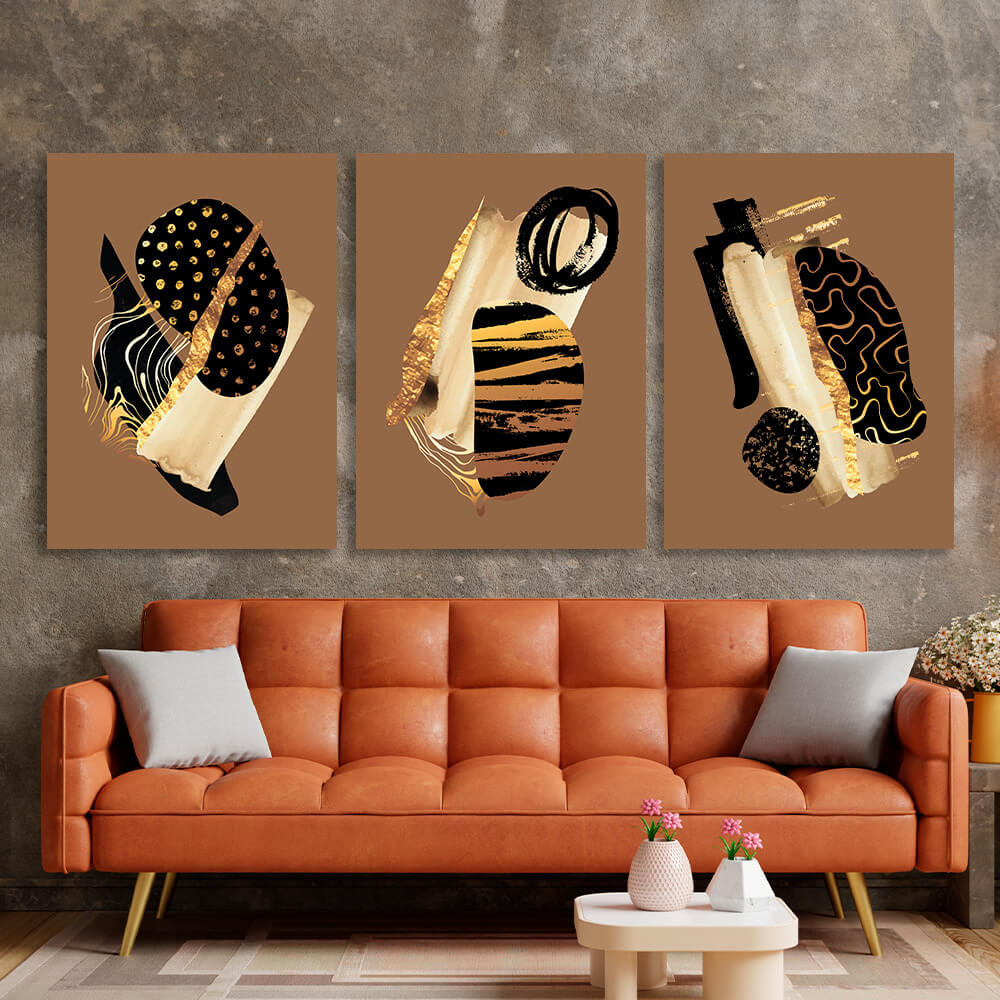 Modularer abstrakter Kunstdruck auf mehrteiliger Leinwand in den Farben Gold, Schwarz und Beige