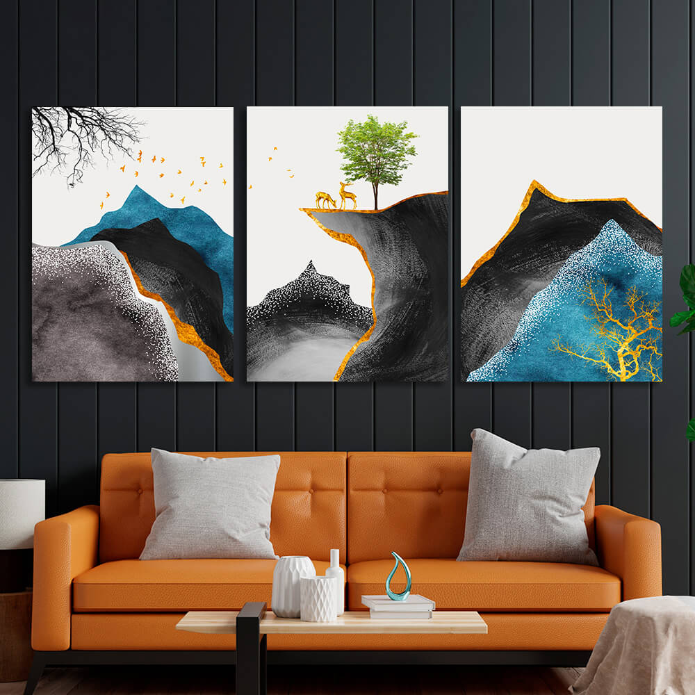 Modularer abstrakter Hirsch in den Bergen, mehrteiliger Kunstdruck auf Leinwand
