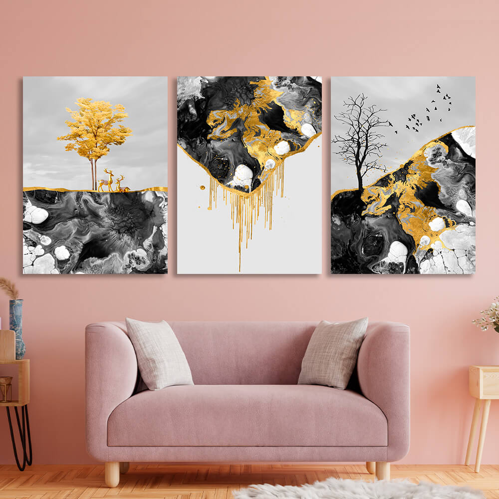 Modulares abstraktes Bild in dunklen Farbtönen mit goldener Farbe, mehrteiliger Kunstdruck auf Leinwand