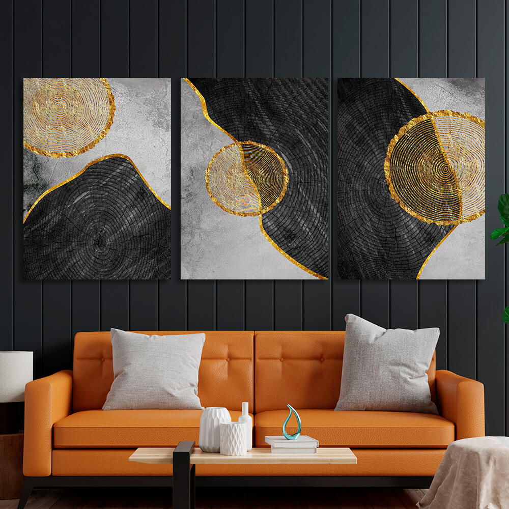 Modularer Kunstdruck auf Leinwand, geometrische Abstraktion mit goldenem Figurenrand, mehrere Teile