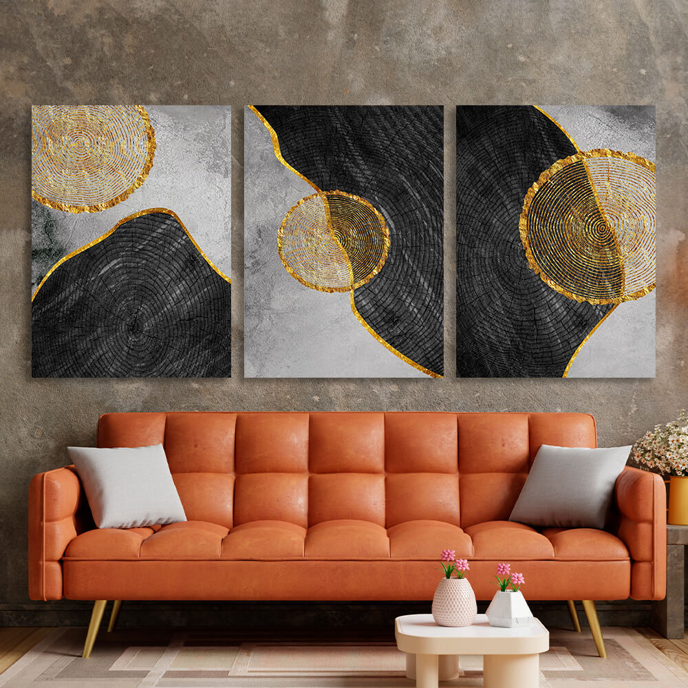 Modularer Kunstdruck auf Leinwand, geometrische Abstraktion mit goldenem Figurenrand, mehrere Teile