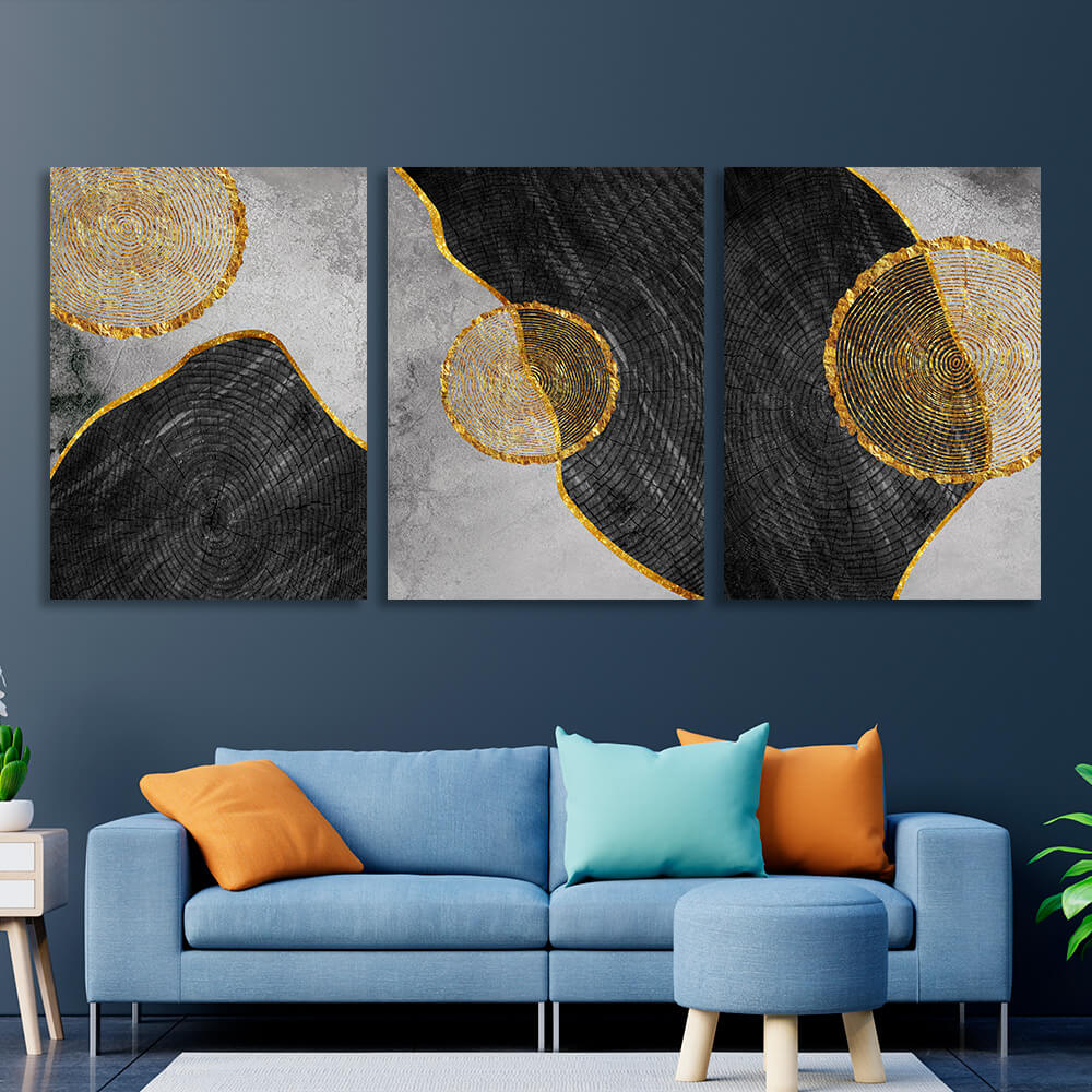 Modularer Kunstdruck auf Leinwand, geometrische Abstraktion mit goldenem Figurenrand, mehrere Teile