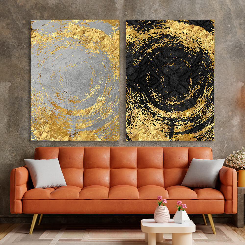 Modularer abstrakter Kunstdruck auf mehrteiliger Leinwand in Schwarz, Gold und Grau