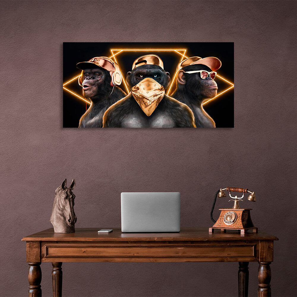Kunstdruck auf Leinwand, Motiv: Drei Affen mit goldenen Accessoires auf schwarzem Hintergrund