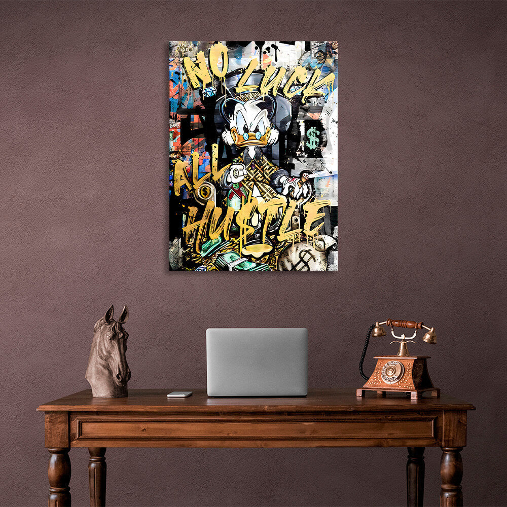 Scrooge mit gelbem Schriftzug, inspirierender Kunstdruck auf Leinwand