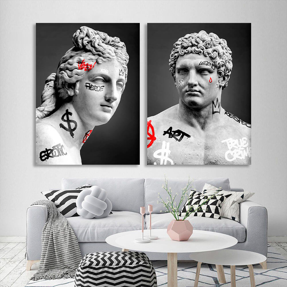 Modularer Kunstdruck auf Leinwand, zwei griechische Statuen auf grauem Hintergrund, mehrere Teile