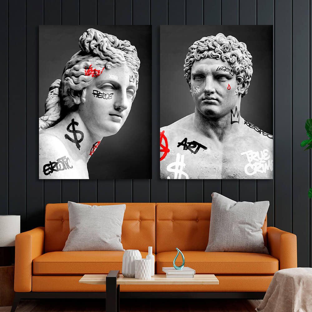 Modularer Kunstdruck auf Leinwand, zwei griechische Statuen auf grauem Hintergrund, mehrere Teile