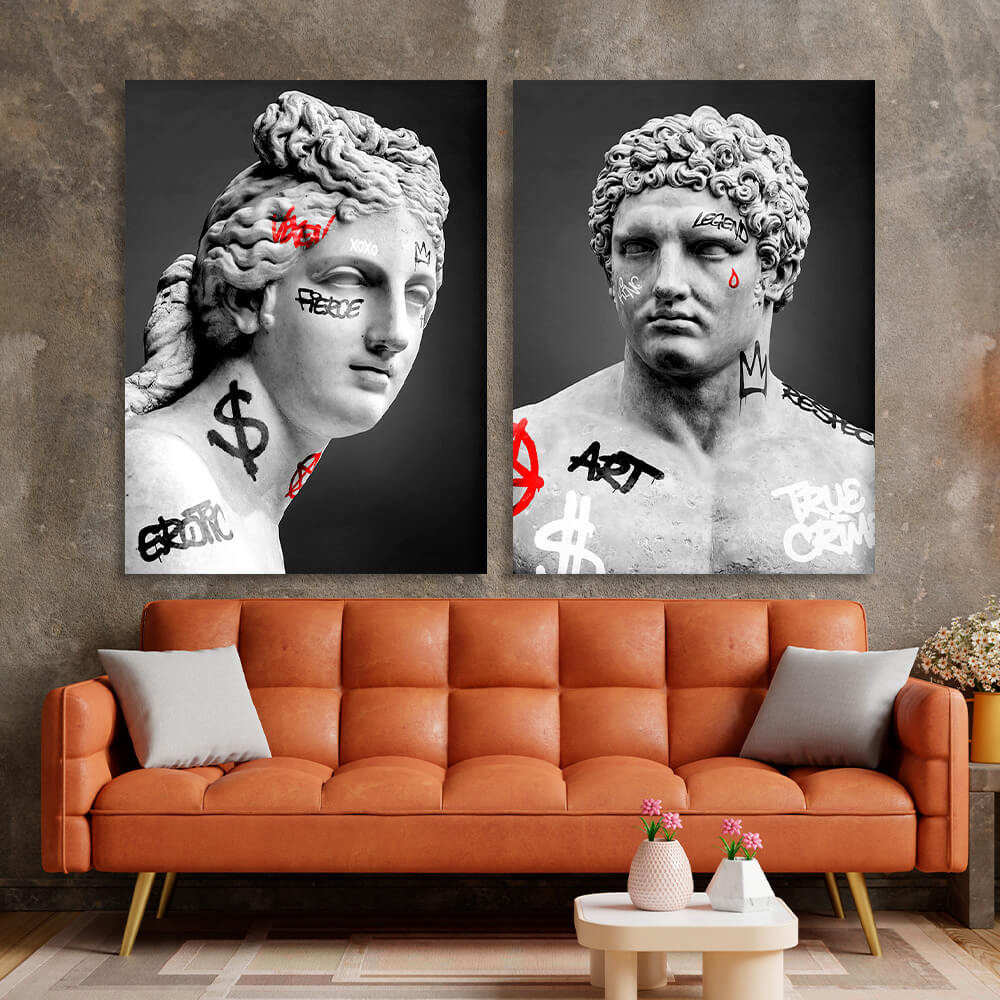 Modularer Kunstdruck auf Leinwand, zwei griechische Statuen auf grauem Hintergrund, mehrere Teile