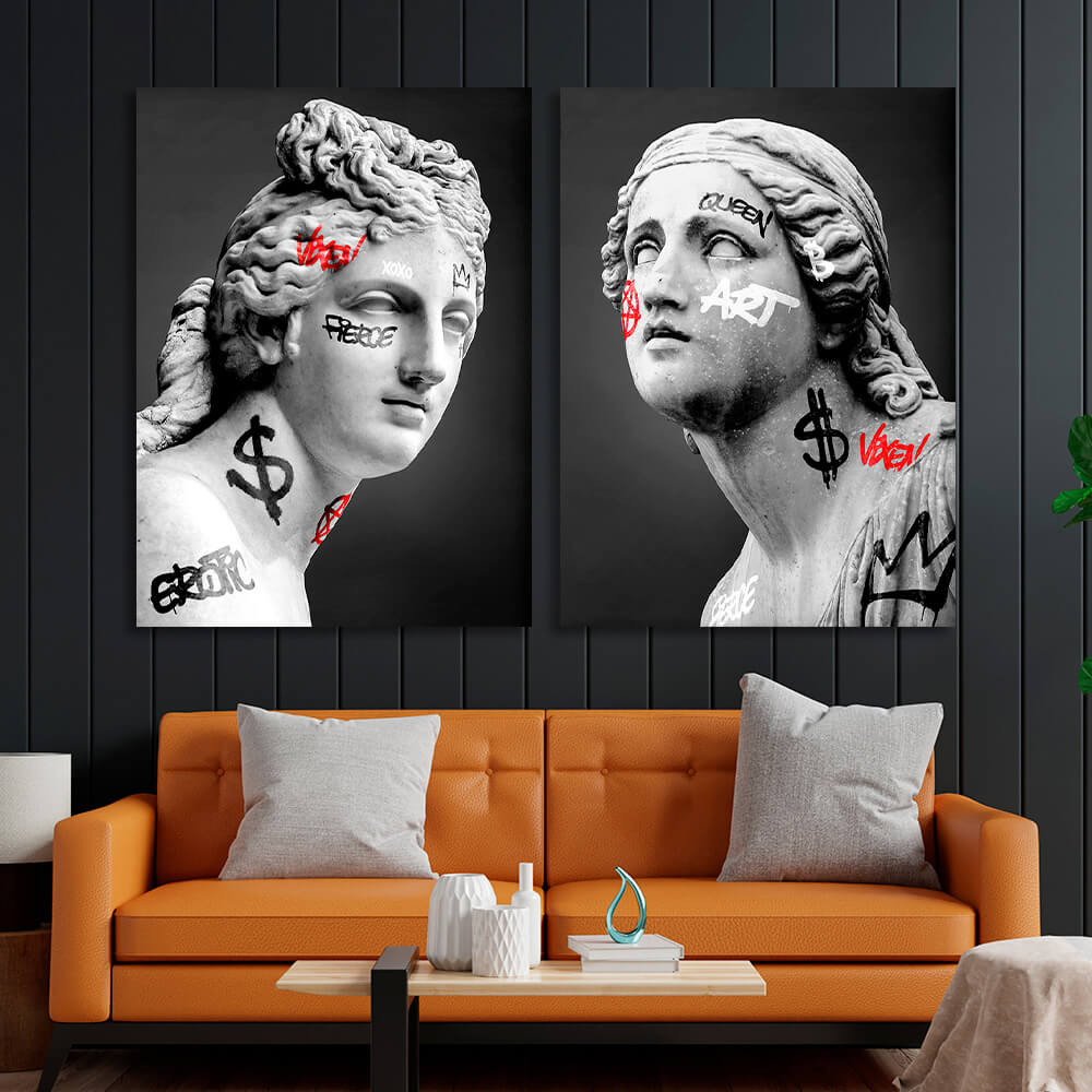 Modularer Kunstdruck auf Leinwand, zwei verschiedene griechische Statuen, mehrere Teile