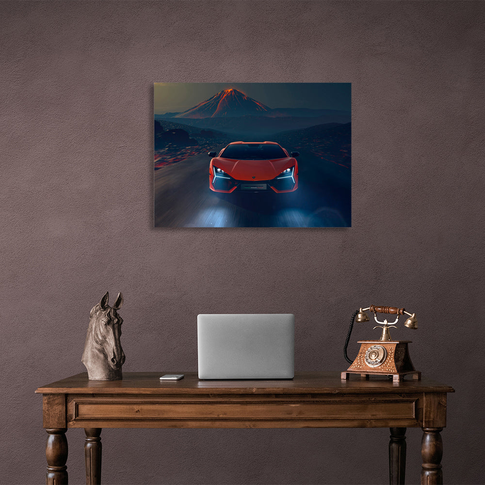 Leinwandbild, orangefarbener Lamborghini mit Vulkan im Hintergrund