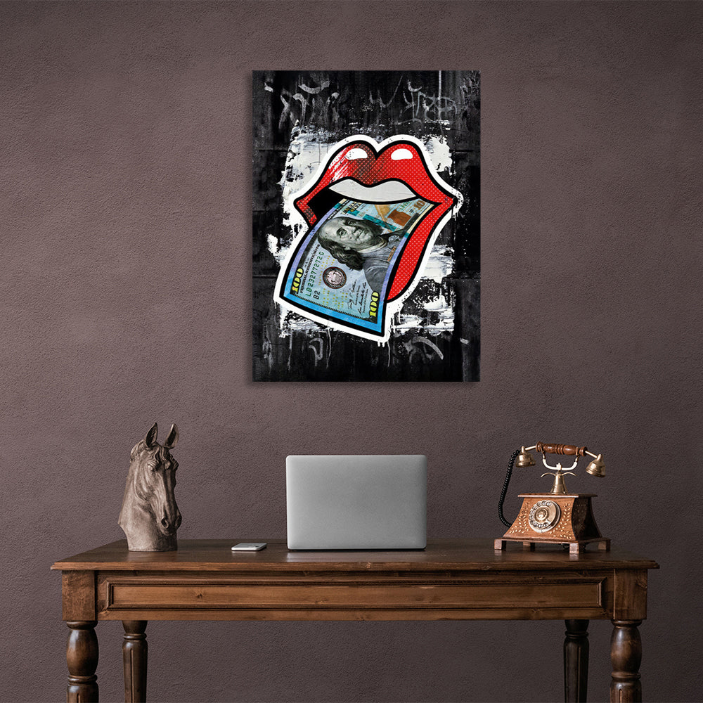 Rote Lippen auf schwarzem Hintergrund, 100 $, Kunstdruck auf Leinwand