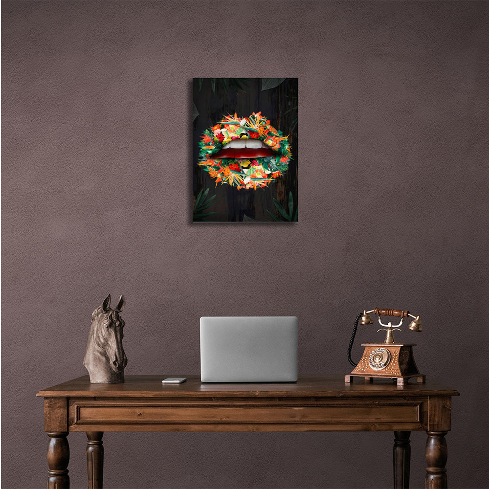 Kunstdruck auf Leinwand, Motiv Lippen, orange Blumen und Blätter