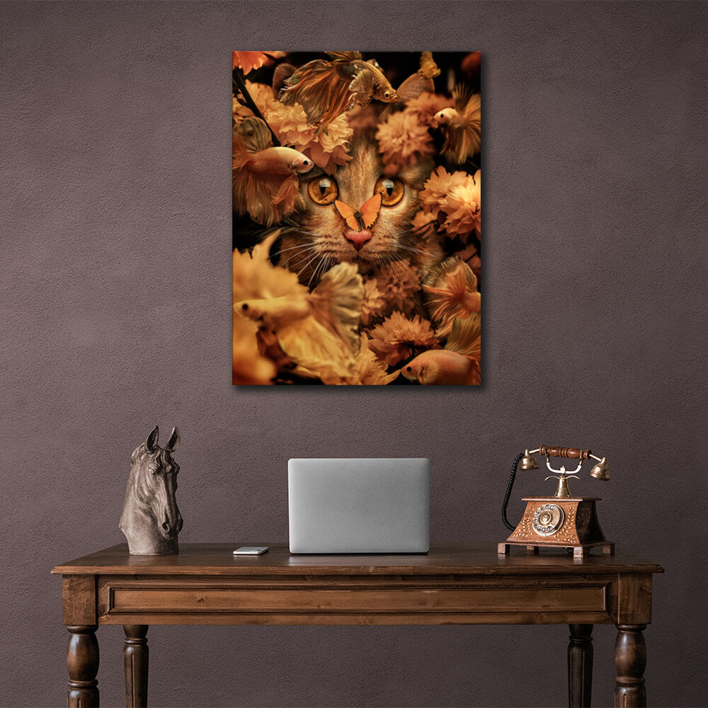 Für Zuhause: Leinwandbild „Rote Katze, Blumen und Fisch“